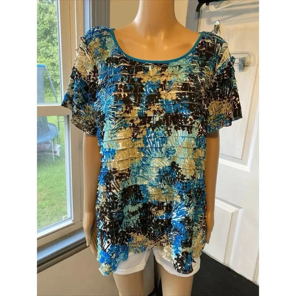 Kim Rogers Womens Top Blouse 3X Short Sleeve Ruffle Tiered Blue Tie Dye Stretch - Picture 7 of 8